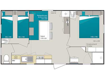 Mobilhome Super Mercure (plan) - 2 chambres au camping de Ker-Lay en Bretagne Sud